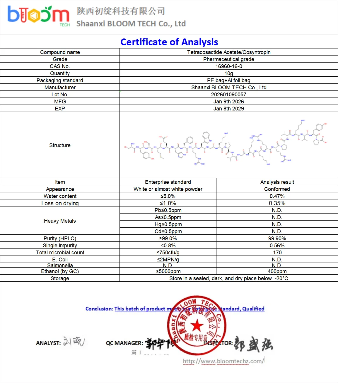 Tetracosactide Acetate COA | Shaanxi BLOOM Tech Co., Ltd Tetracosactide Acetate COA | Shaanxi BLOOM Tech Co., Ltd